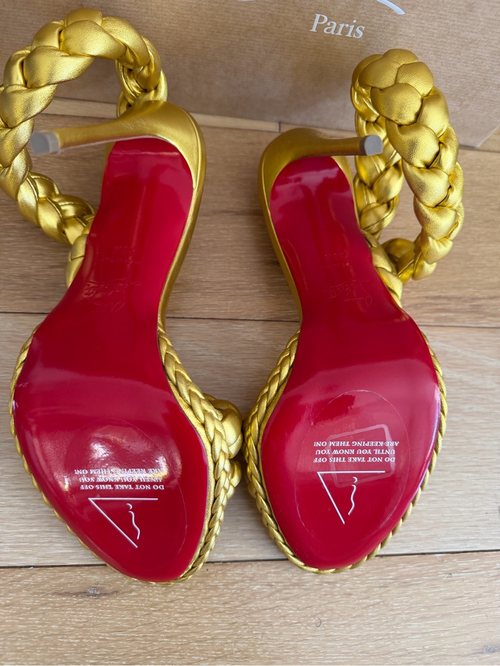 New Christian Louboutin Fatima 120 Gold Braided Leather Sandals 8.5 with box - Picture 7 of 8